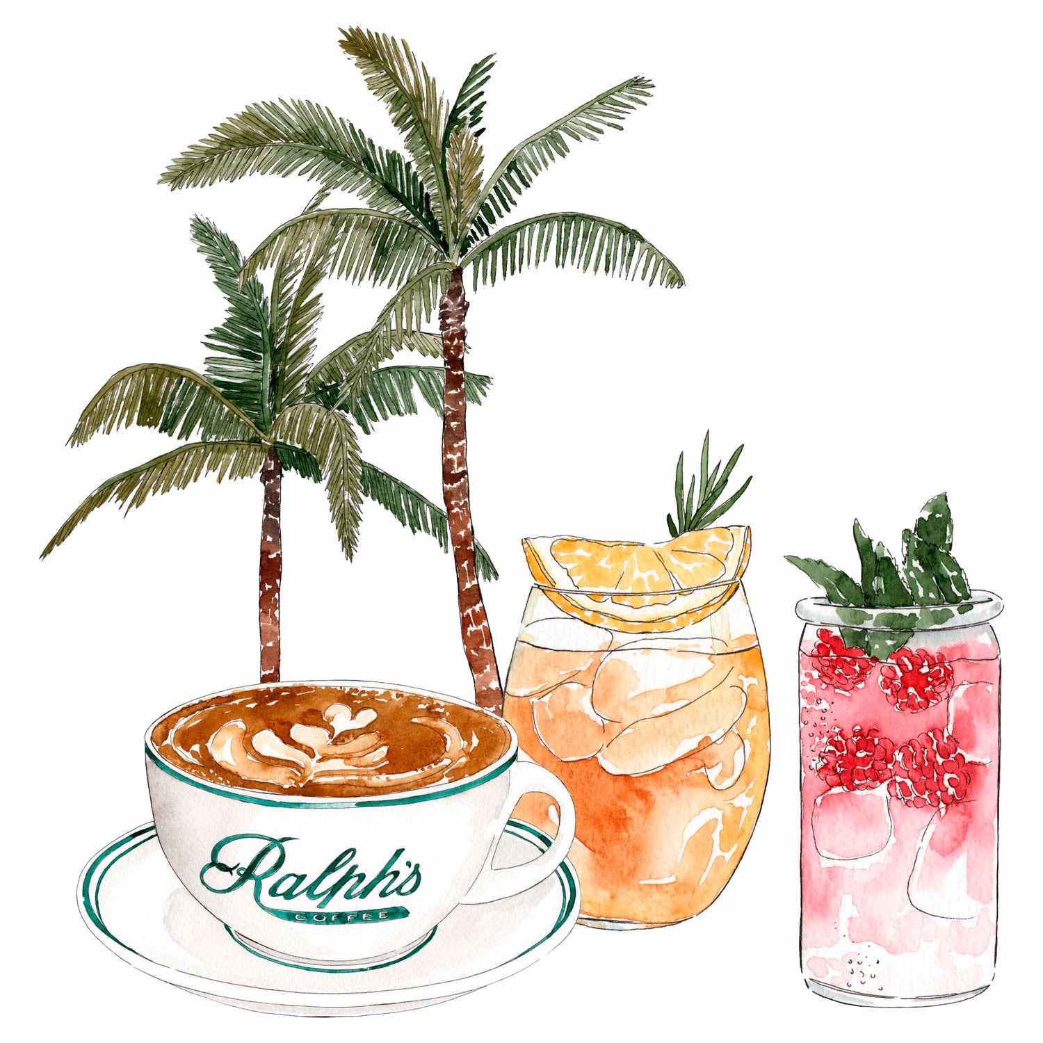 watercolor drinks and palm trees