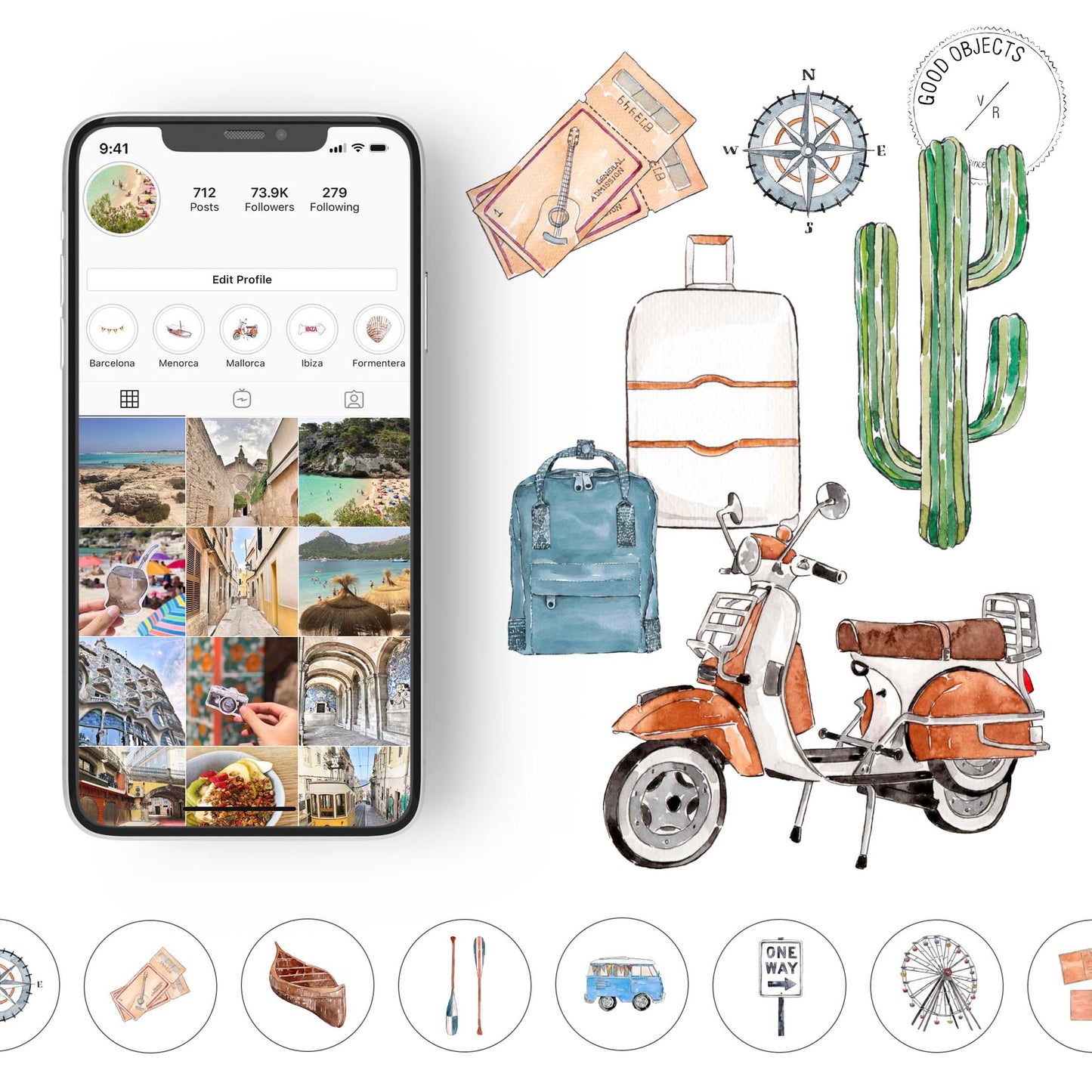 travel watercolor icons